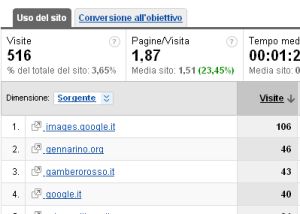 Frammento di pagina di Google Analytics con i siti di provenienza delle visite.
